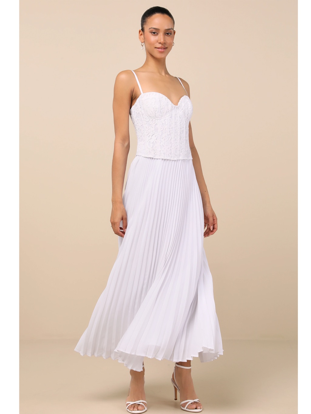 Lulu's Corleone White Lace Bustier Pleated Skirt Midi Dress